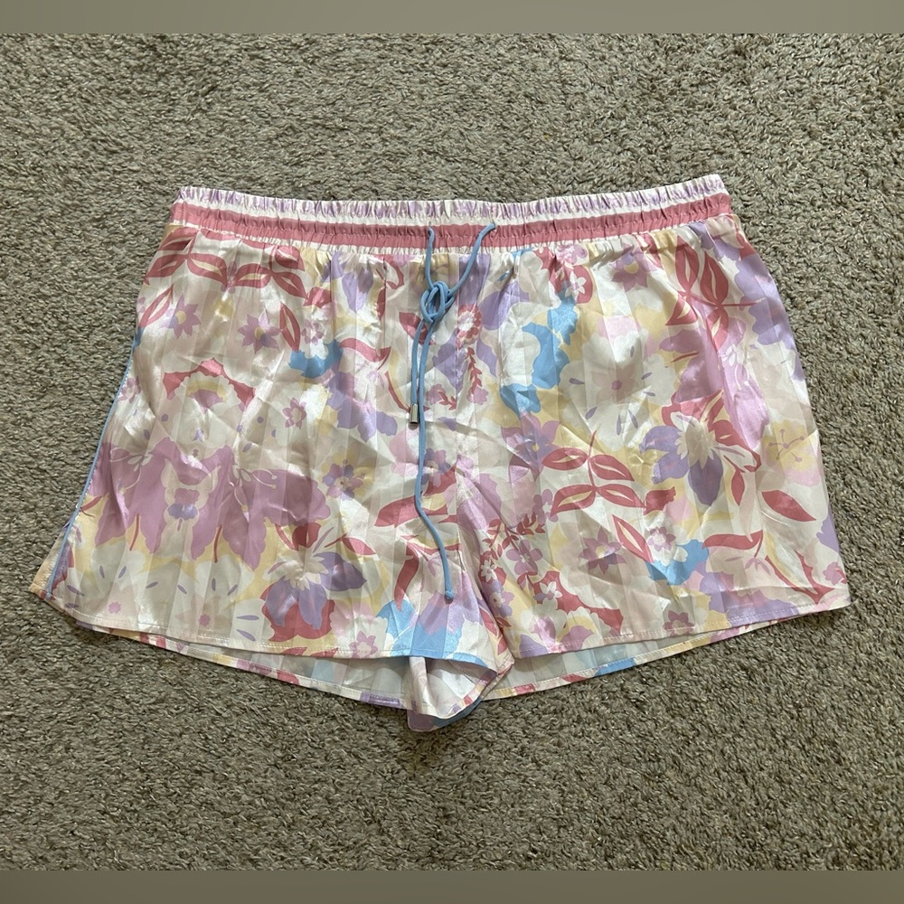 Free People Intimately Floral Pastel Satin Sleep Shorts Pink & Lavender Size XL